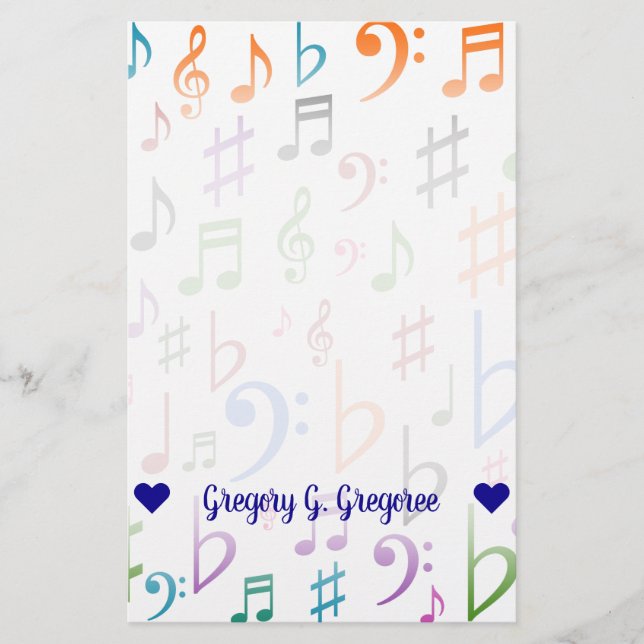 Custom Name; Many Colorful Music Notes and Symbols Stationery (Front)