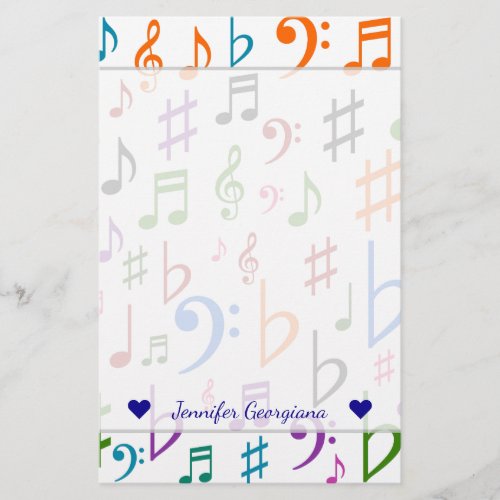 Custom Name Many Colorful Music Notes and Symbols Stationery