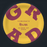 Custom Name Maroon and Gold Graduation Paper Plates<br><div class="desc">GRAD in bold maroon lettering curves around the edges of these gold graduation party paper plates - available in 2 sizes. Congratulations above the name of your graduate and the Class of below. **TIP: Click on CUSTOMIZE button; click on COLOR box on top right; enter your color hex code in...</div>