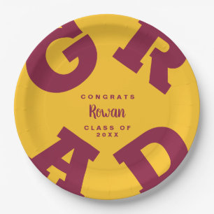 Custom Name Maroon and Gold Graduation Paper Plates