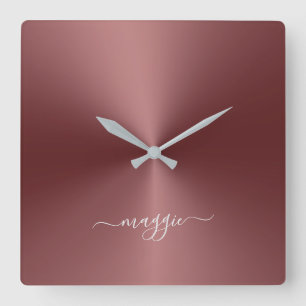 Custom Name Maroon Metallic Style Acrylic Square Wall Clock