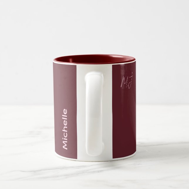 Custom Name Maroon & Pink Chic Script Monogram Two-Tone Coffee Mug (Handle)