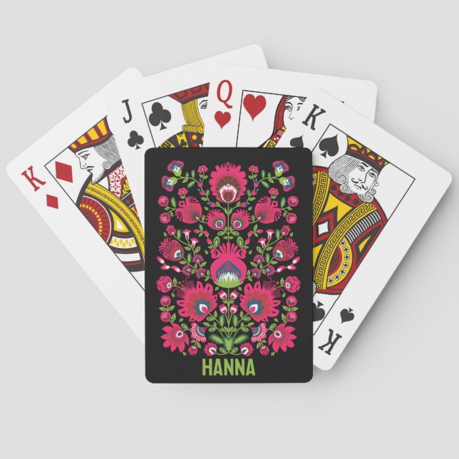 Custom name Maroon symmetrical Folk Wycinanki  Poker Cards (Back)