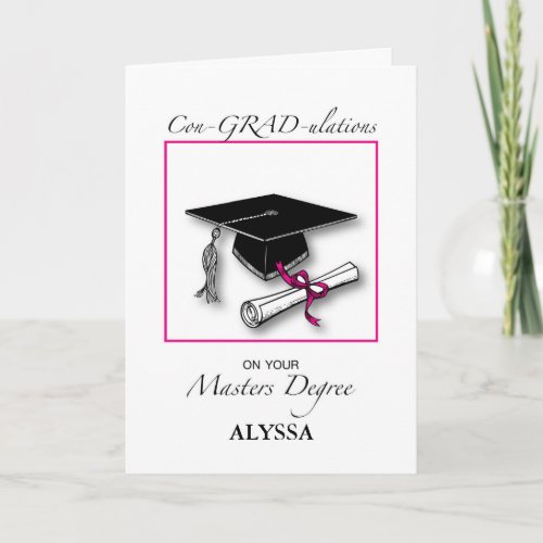 Custom Name Masters Degree Girl Graduation Pink Card