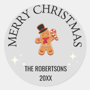 Custom name Merry Christmas gingerbread man gray Classic Round Sticker