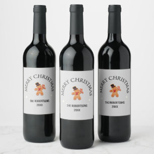 Custom name Merry Christmas gingerbread man gray Wine Label