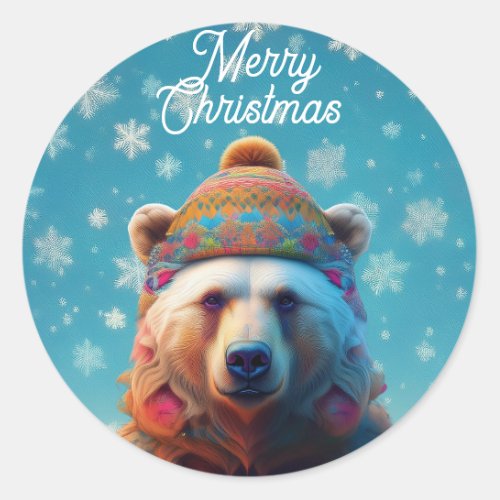 Custom Name Merry Christmas Snowflake Bear Classic Round Sticker