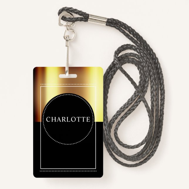 Custom Name Metallic Gold Black Badge (Front with Lanyard)