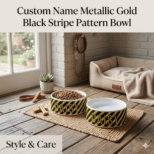 Custom Name Metallic Gold Black Stripe Pattern Bowl