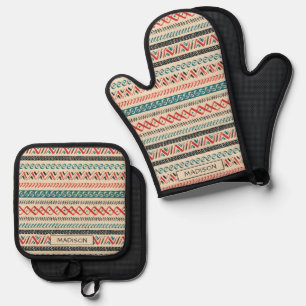 Custom Name Mexican / Aztec Pattern Oven Mitt & Pot Holder Set
