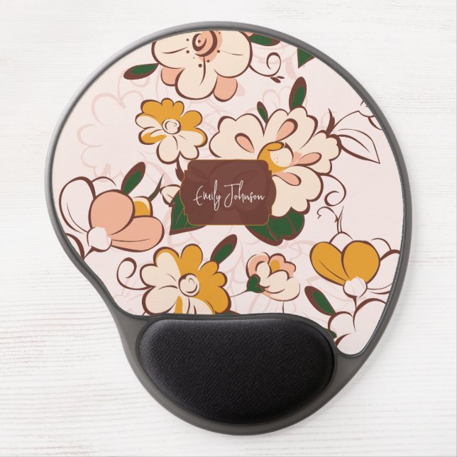 Custom Name Mid Century Modern Floral Cream Peach Gel Mouse Pad (Front)