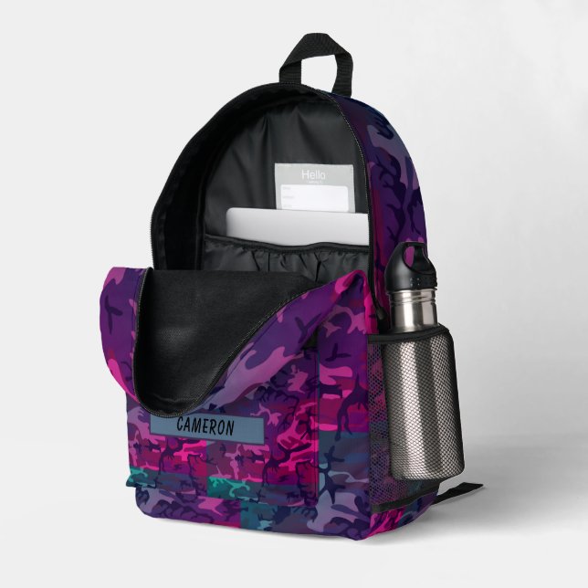 Custom Name Military Purple Gray Camouflage Printed Backpack (Back Corner Right (Open))