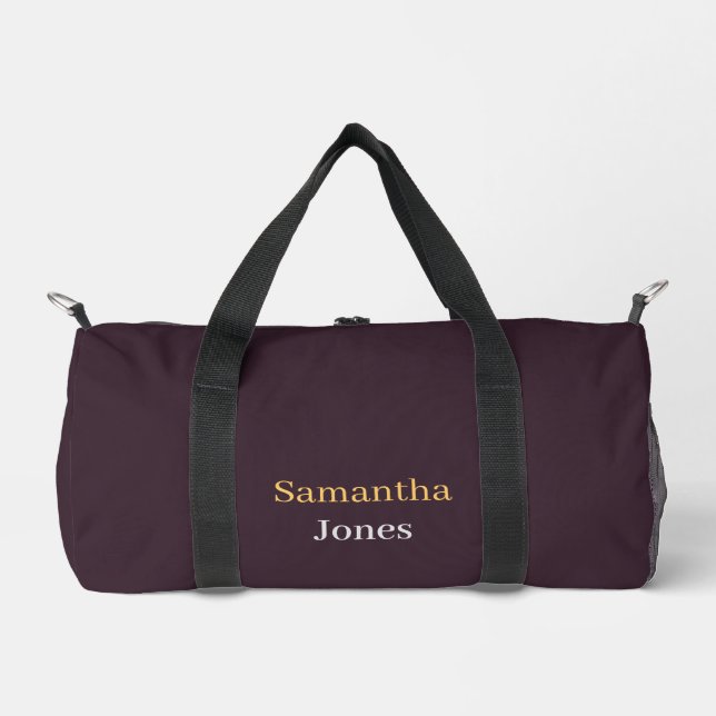 Custom name minimalist modern burgundy duffle bag (Front)