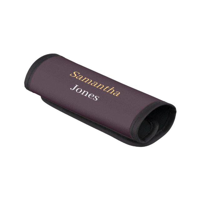 Custom name minimalist modern burgundy luggage handle wrap (Angled)