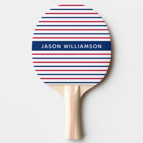 Custom Name Minimalist Red and Blue Stripes Modern Ping Pong Paddle