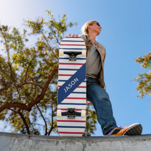 Custom Name Minimalist Red and Blue Stripes Modern Skateboard