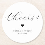 Custom name Minimalist Wedding Cheers  Round Paper Coaster<br><div class="desc">Protect your reception tables in style with our elegant and minimalist "Cheers!" wedding coasters. Customizable with your names and wedding date, these round paper coasters add a sophisticated, personalized touch to your bar or dining areas. They serve as a highly functional detail and a beautiful keepsake that your guests can...</div>