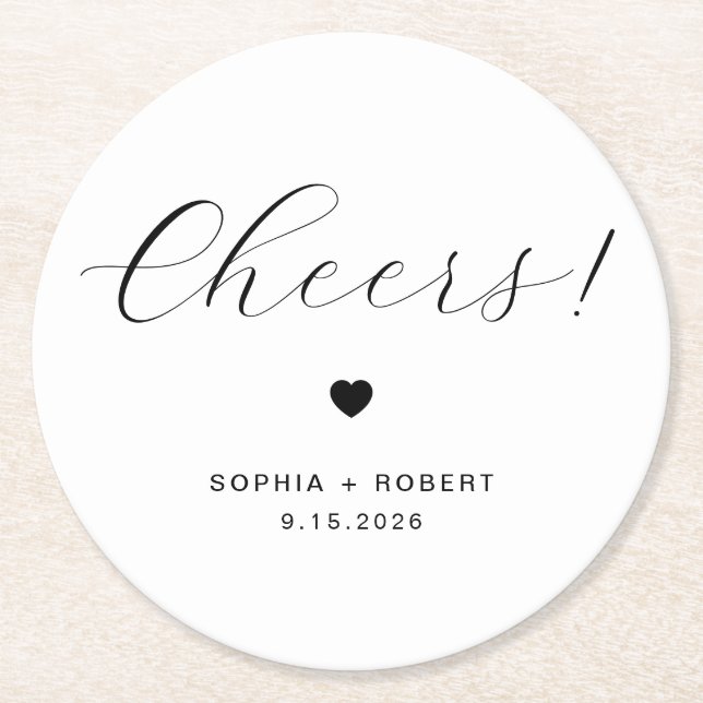 Custom name Minimalist Wedding Cheers  Round Paper Coaster (Front)
