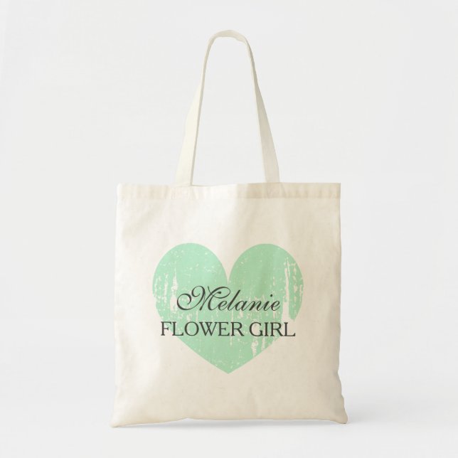 Custom name mint gray flower girl wedding tote bag (Front)
