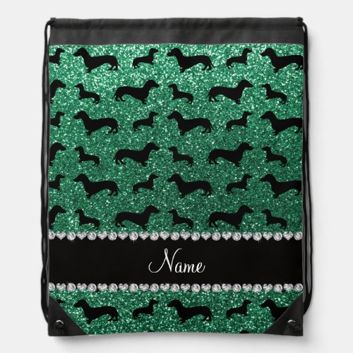 Custom name mint green glitter dachshunds drawstring bag