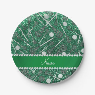 Custom name mint green glitter lacrosse sticks paper plates