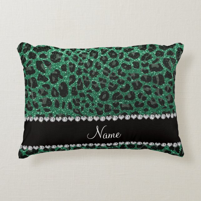 Custom name mint green glitter leopard print decorative pillow (Front)