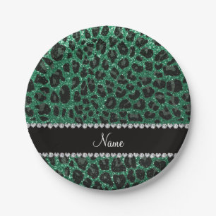 Custom name mint green glitter leopard print paper plates