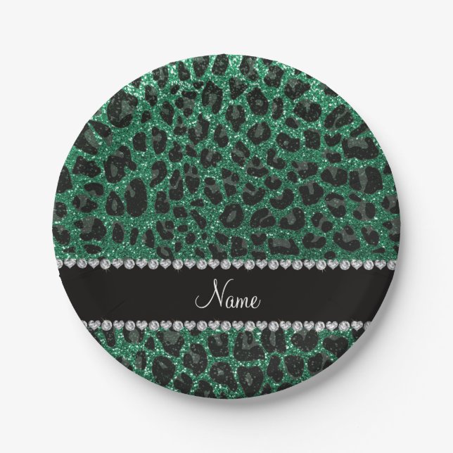 Custom name mint green glitter leopard print paper plates (Front)