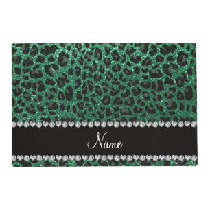 Custom name mint green glitter leopard print placemat