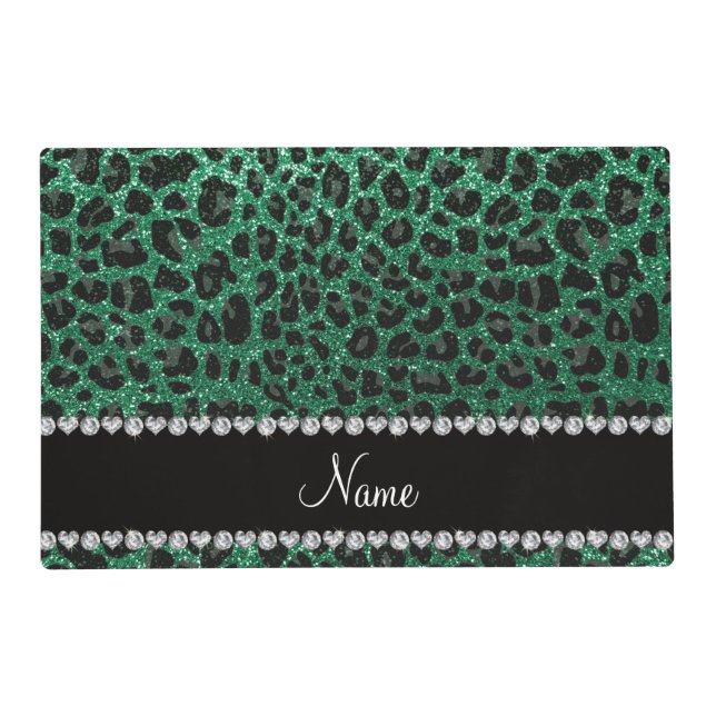 Custom name mint green glitter leopard print placemat (Front)