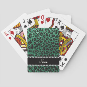 Custom name mint green glitter leopard print poker cards
