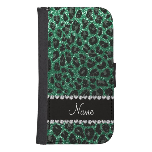 Custom name mint green glitter leopard print samsung galaxy wallet case (Front)