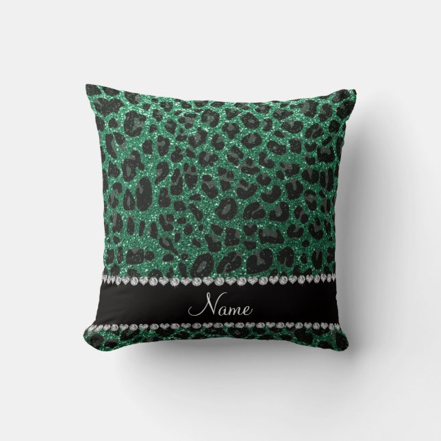 Custom name mint green glitter leopard print throw pillow (Front)
