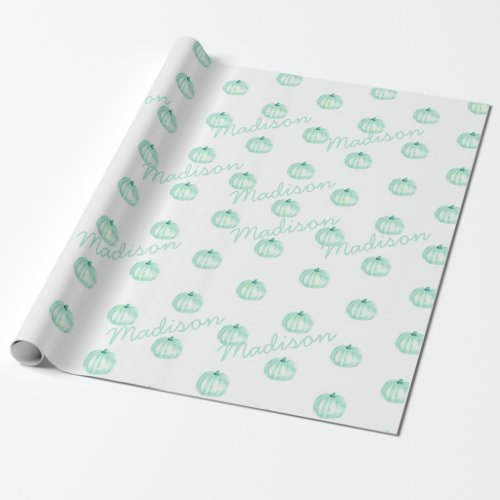 Custom name Mint Green Watercolor Pumpkins Wrapping Paper