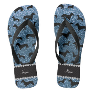 Custom name misty blue glitter dachshunds flip flops