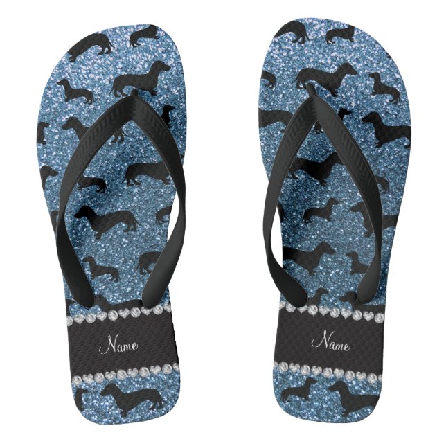 Custom name misty blue glitter dachshunds flip flops (Footbed)