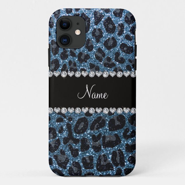 Custom name misty blue glitter leopard print Case-Mate iPhone case (Back)