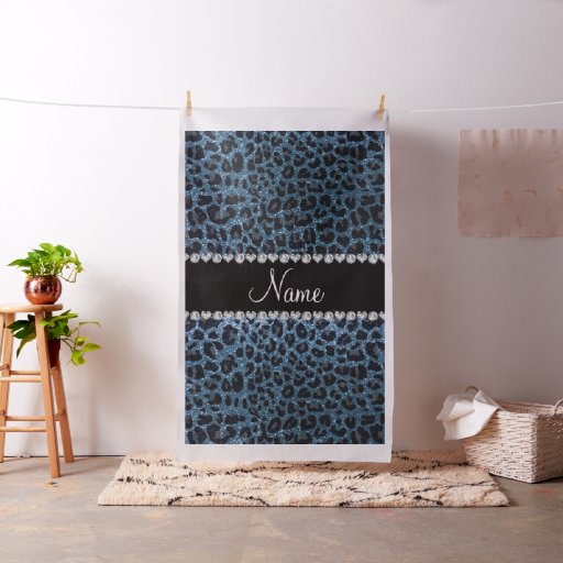 Custom name misty blue glitter leopard print fabric
