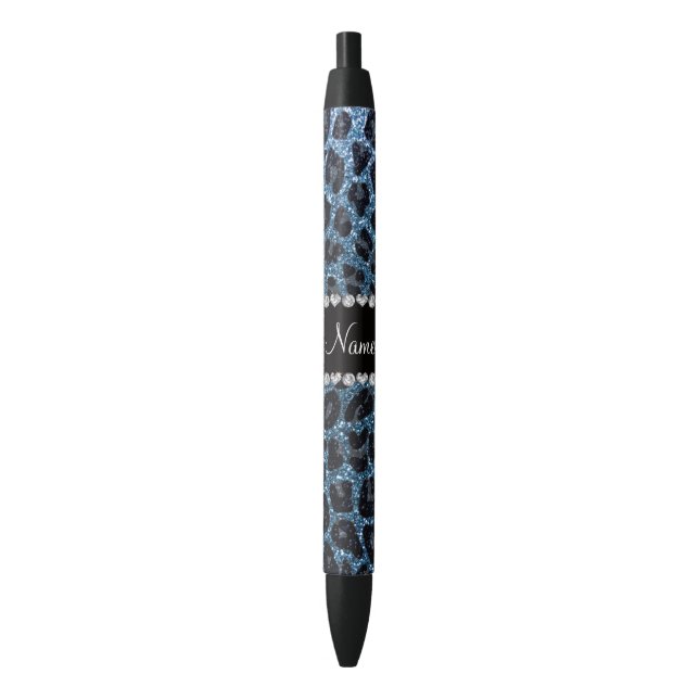 Custom name misty blue glitter leopard print pen (Front Vertical)
