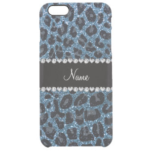 Custom name misty blue glitter leopard print clear iPhone 6 plus case