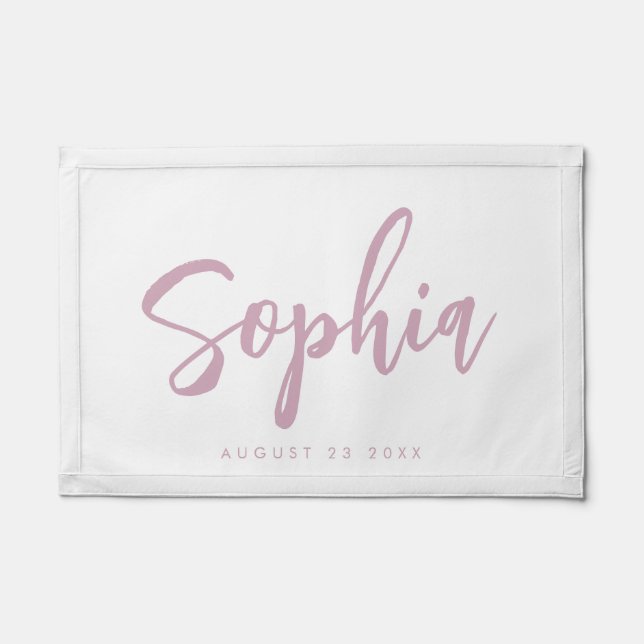 Custom Name Modern Blush Script Birthdate Kids Pennant (Front)