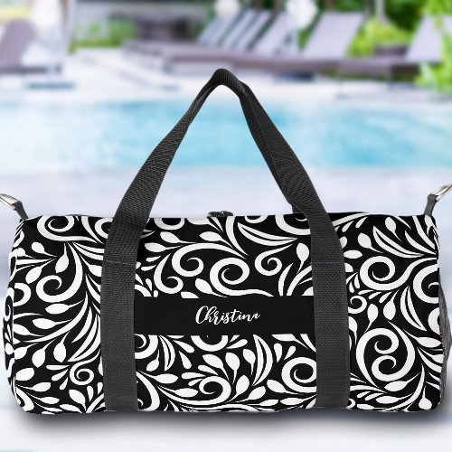 Custom Name Modern Floral Elegant Black  White Duffle Bag