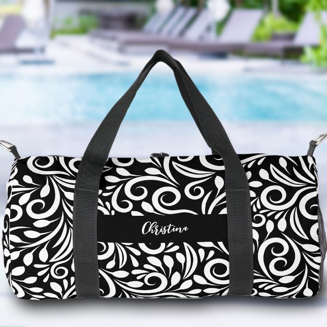 Custom Name Modern Floral Elegant Black & White Duffle Bag (Custom Name Modern Floral Elegant Black & White Duffle Bag)