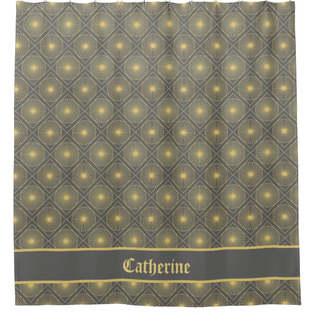 Custom Name Modern Geometric Pastel Gray & Yellow Shower Curtain (Front)