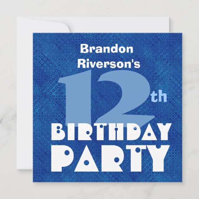Custom Name Modern Kid's 12th Birthday Blue C358 Invitation (Front)