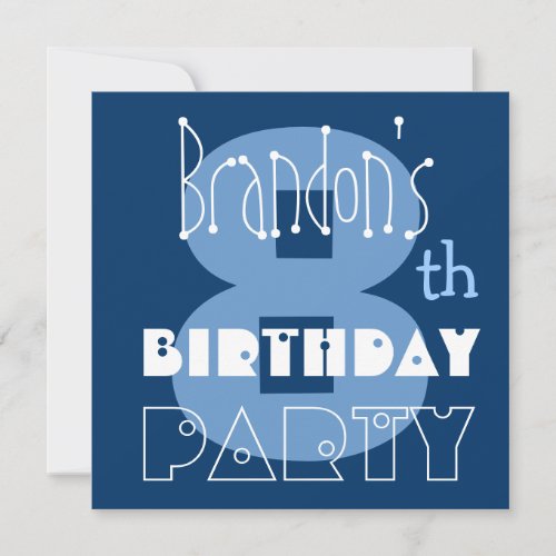 Custom Name Modern Kid's 8th Birthday Blue Custom Invites