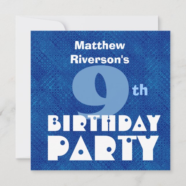 Custom Name Modern Kids 9th Birthday Blue W622 Invitation (Front)