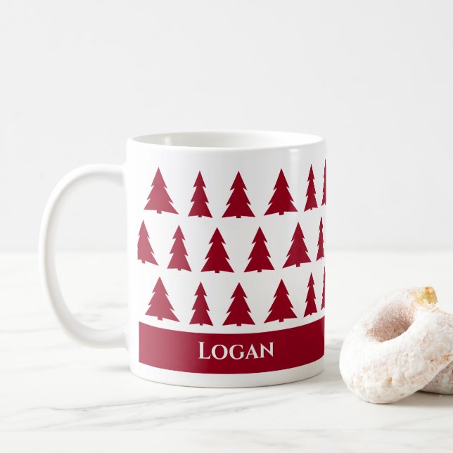 Custom Name Modern Maroon Tree Pattern Coffee Mug (With Donut)