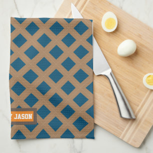 Custom name modern navy blue brown pattern elegant kitchen towel