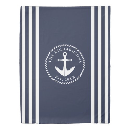 Custom Name Modern Navy Blue White Nautical Anchor Duvet Cover